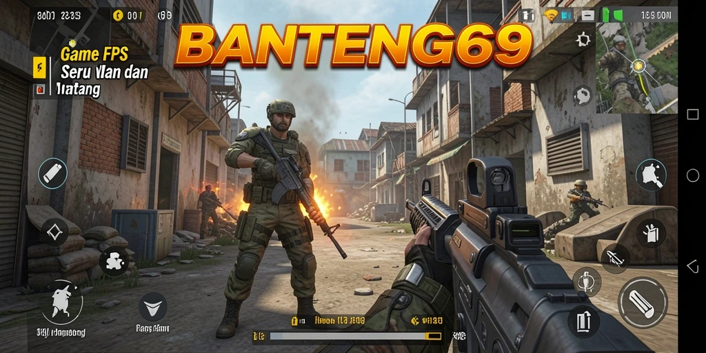 Screenshot utama BANTENG69 menampilkan aksi tembak-menembak intens.