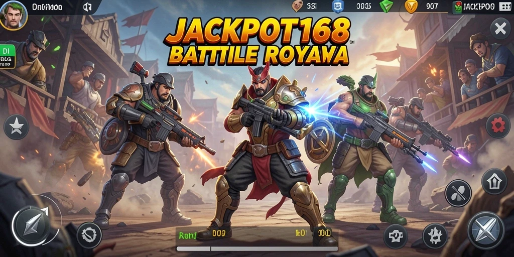 Screenshot utama JACKPOT168 menampilkan aksi pertempuran intens di medan perang Battle Royale.