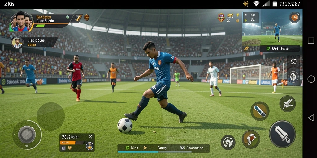 Screenshot gameplay ZK6 menunjukkan aksi seru di lapangan sepak bola.